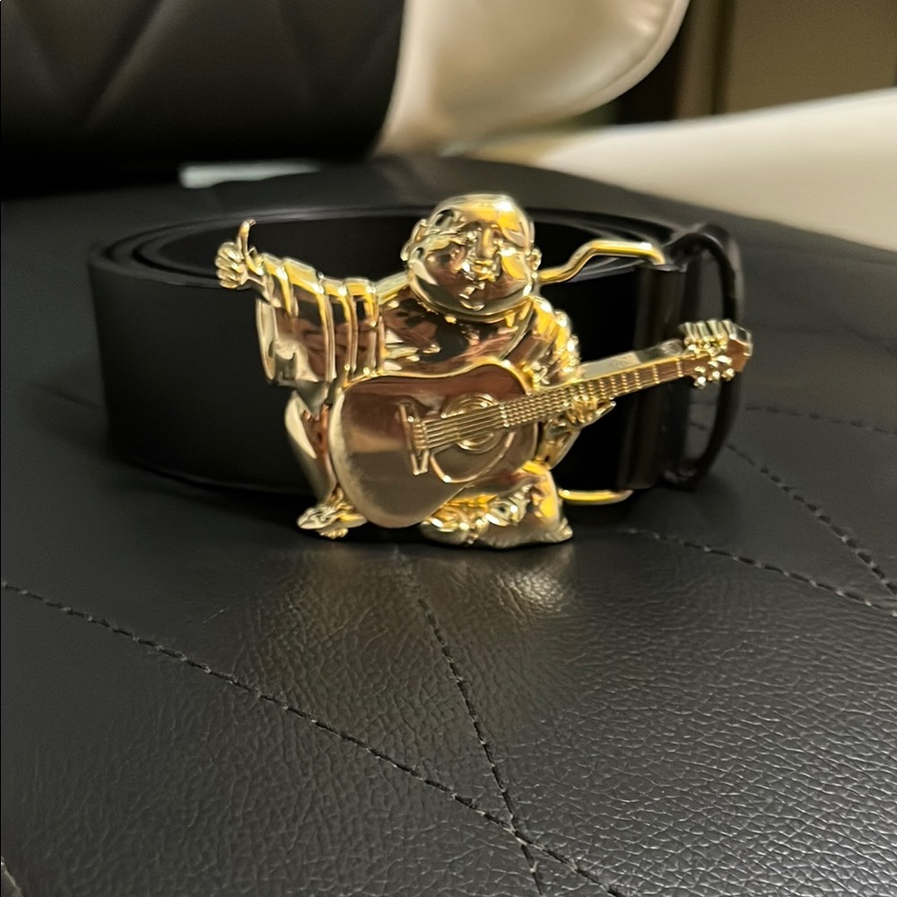 True Religion Black Belt with Gold Guitar Buckle